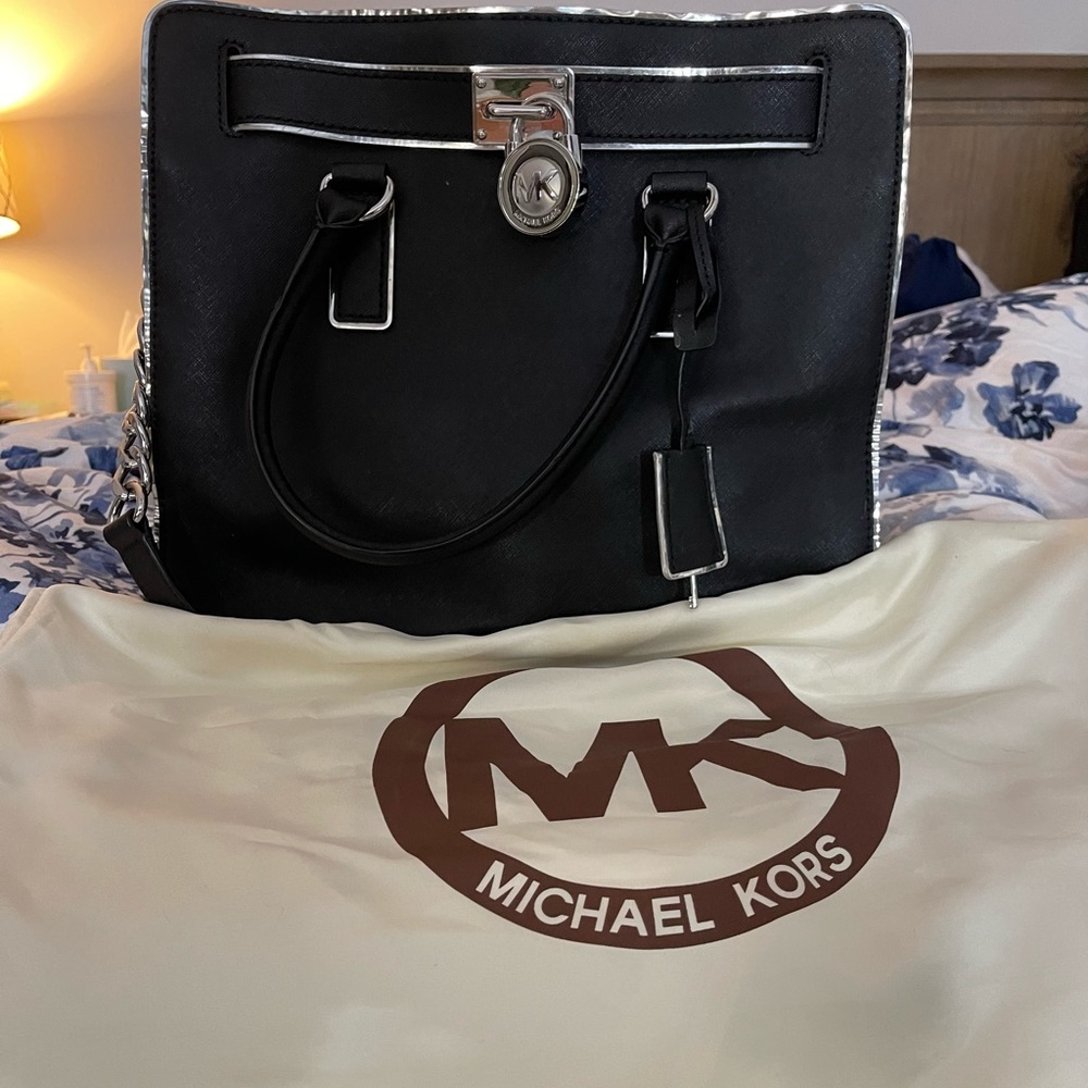 Michael Kors Large Hamilton Saffiano Leather Tote in Black and Silver